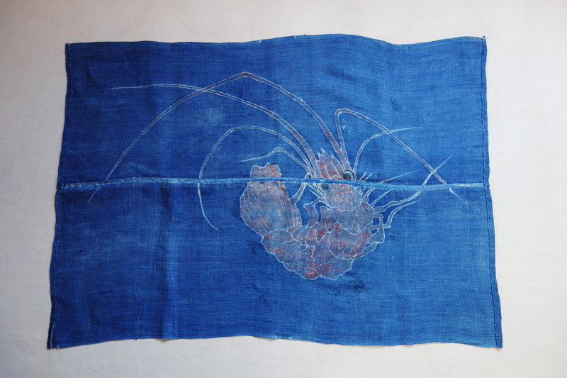 Japanese Antique Textile Asa Cloth with Tsutsugaki Shrimp