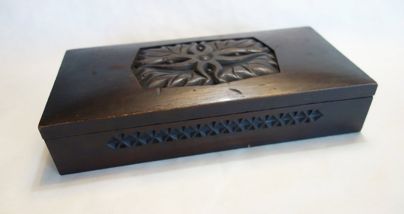 Japanese Vintage Mingei Wooden Box with Carving