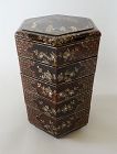Chinese Antique Lacquer Tiered Food Boxes with Shell Inlay