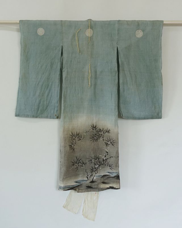 Japanese Antique Textile Asa Baby's Ceremonial Kimono with Charm