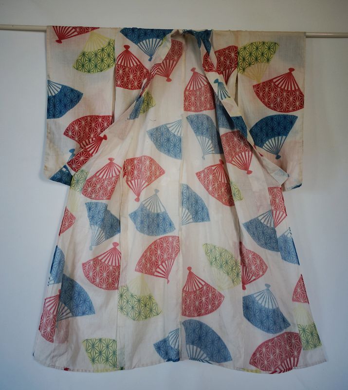 Japanese Vintage Textile Asa Katazome Unlined Kimono