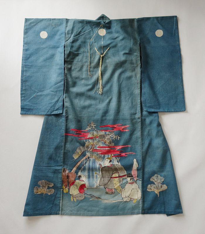 Japanese Antique Textile Baby's Ceremonial Kimono with Hand-painting