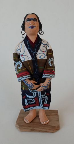 Japanese Folk Craft Ainu Doll Made of Clay, Cloth and Wood