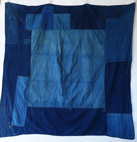 Japanese Antique Textile Boro Large Indigo Furoshiki with Sashiko