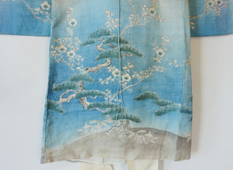 Japanese Antique Textile Girl's Asa Ceremonial Kimono with Charm