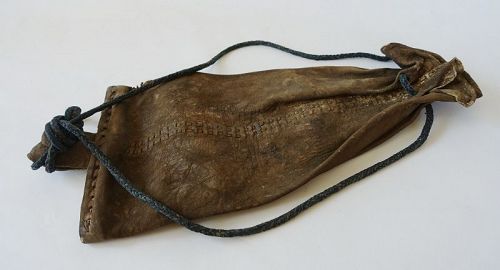 Japanese Antique Bag Made of Deer Skin with Asa Indigo Rope