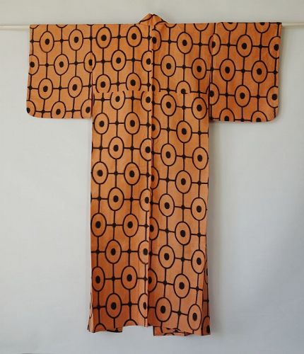 Japanese Vintage Meisen with Geometric Pattern Orange