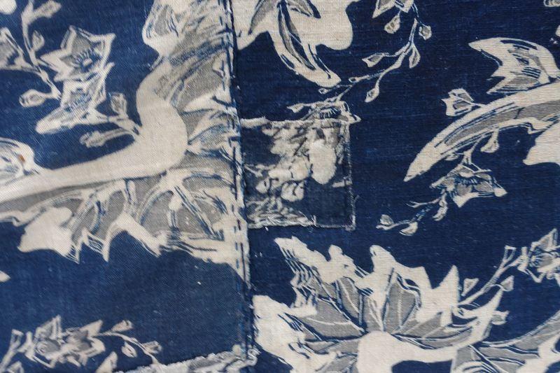 Japanese Antique Textile Cotton Katazome Futonji with Flower Motif