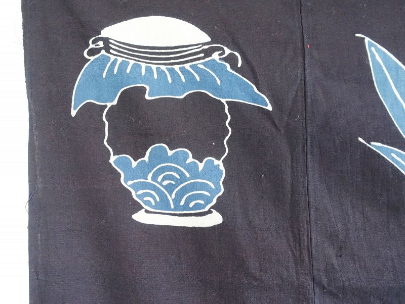 Japanese Antique Textile Tsutsugaki Futonji with Tea Utensil Motif