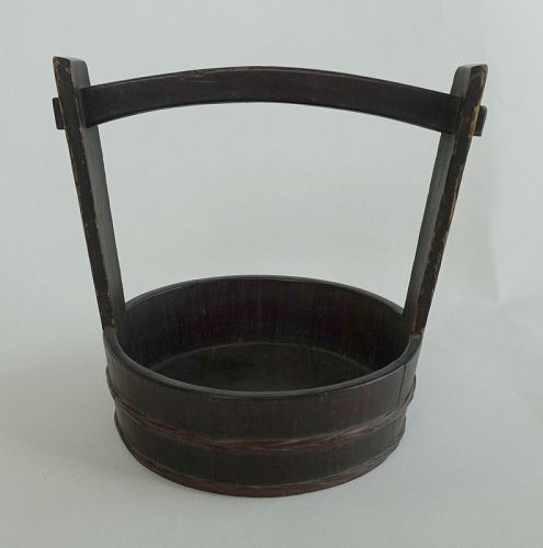 Japanese Antique Handicraft  Wood Oke Container with Handle