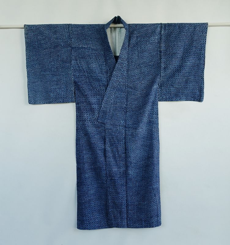 Japanese Vintage Textile Cotton Kimono with Miura Shibori Indigo