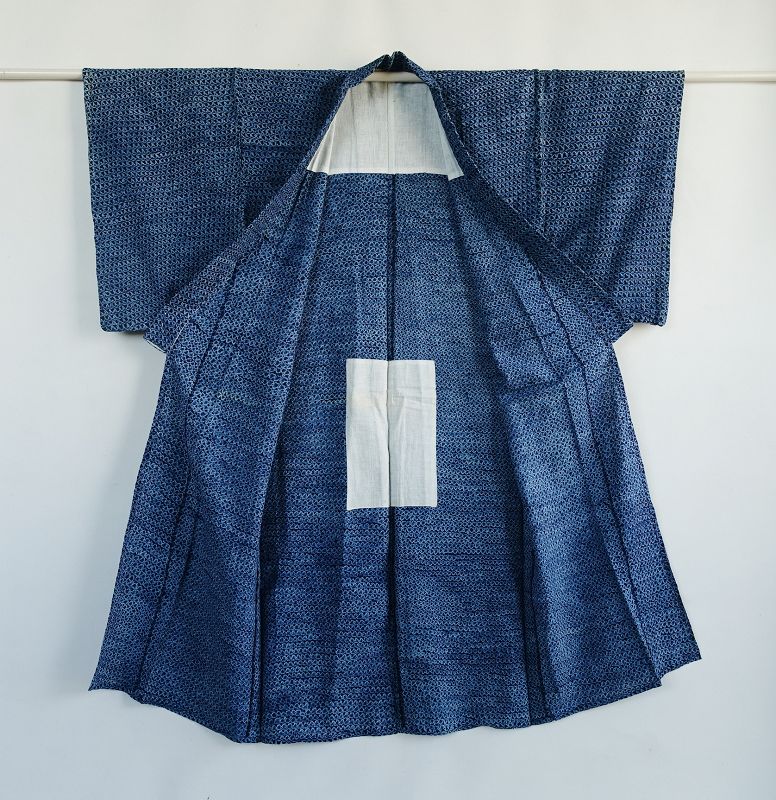 Japanese Vintage Textile Cotton Kimono with Miura Shibori Indigo