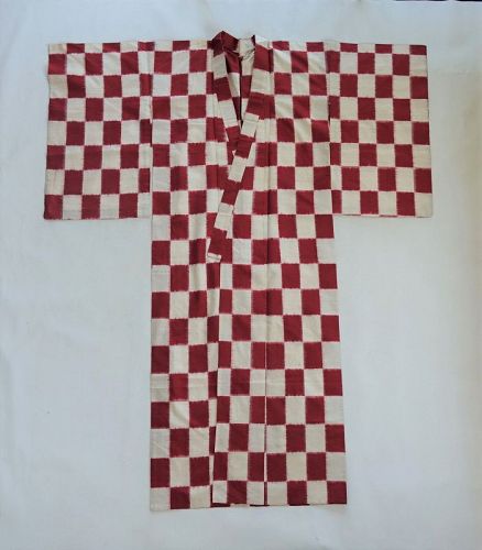 Japanese Vintage Textile Silk Meisen Kimono Checker Board Pattern