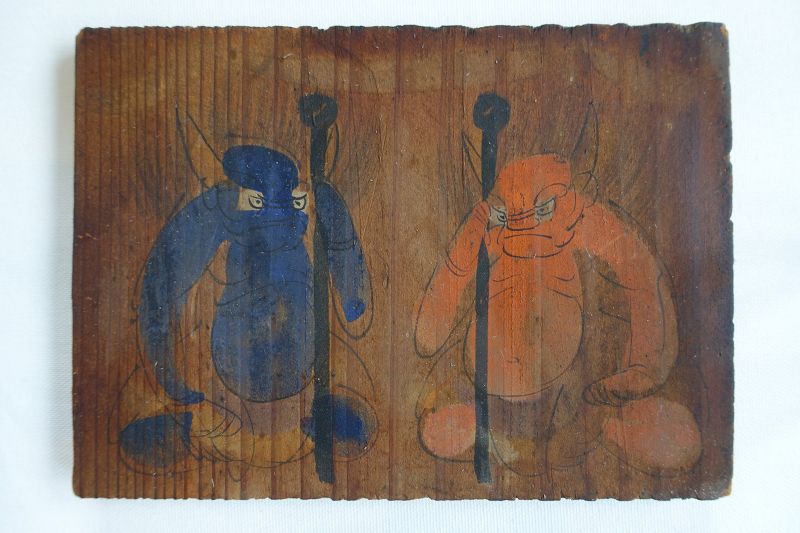 Japanese Vintage Wood Ema with Red and Blue Ogre