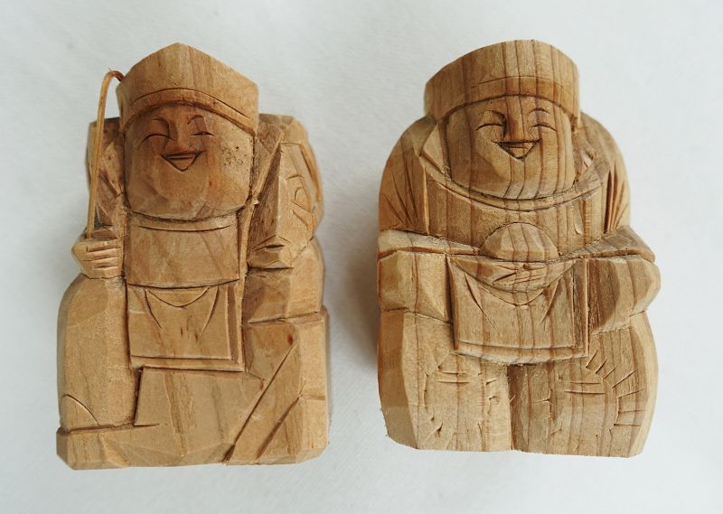Japanese Vintage Wood Sculpture Miniature Ebisu and Daikoku