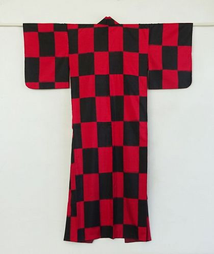 Japanese Vintage Textile Meisen with Rectangular Red & Black Pattern