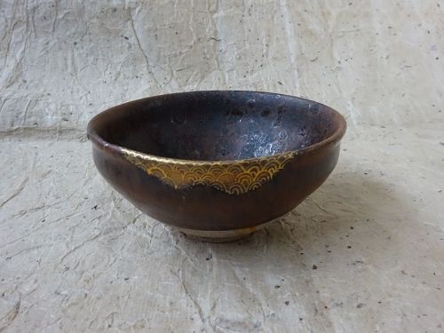 Japanese Antique Pottery Seto Tenmokujawan Tea Bowl with Kintsugi