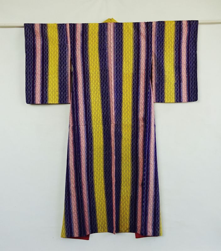 Japanese Vintage Textile Meisen Kimono with Geometric Stripes