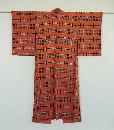 Japanese Vintage Textile Silk Crepe Kimono with Geometric Pattern (item ...