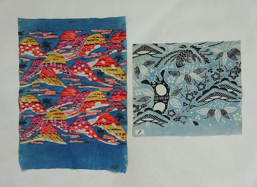 Japanese Vintage Textile Two Fragments of Okinawan Bingata Cloth