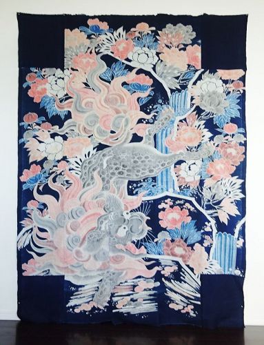 Japanese Antique Textile Cotton Tsutsugaki with Lion and Peonies
