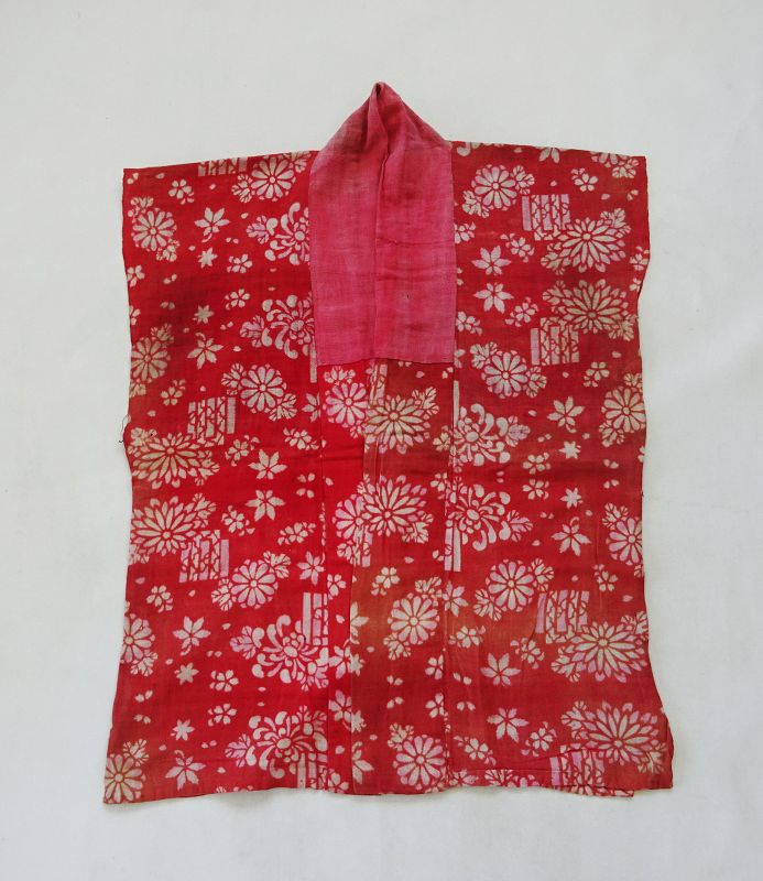 Japanese Antique Textile Cotton Han-Juban Benibana Dye