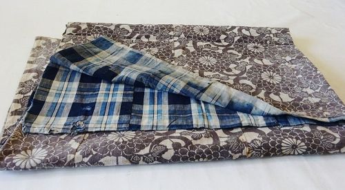 Japanese Vintage Textile Cotton Futonji Katazome and Checks