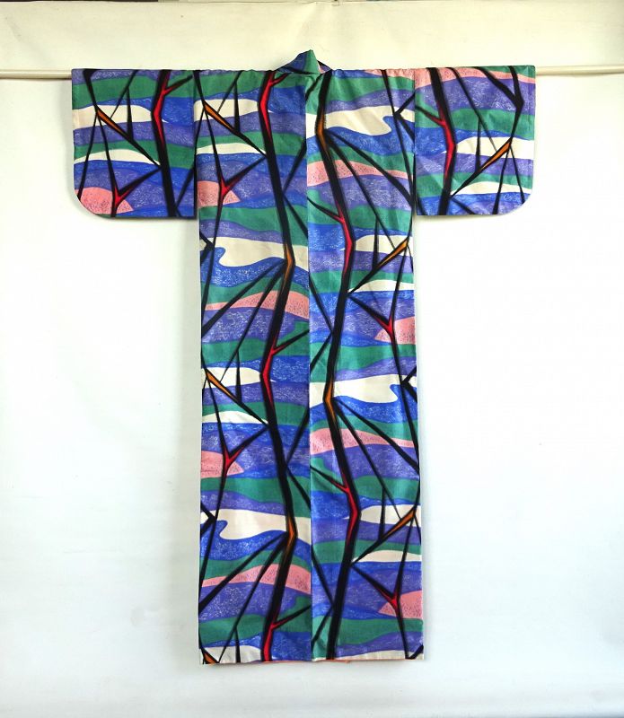Japanese Vintage Textile Meisen Kimono with Geometric Patten