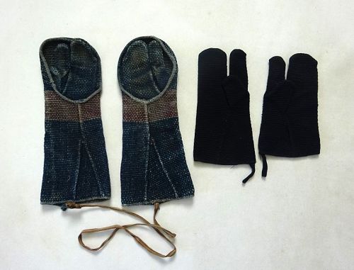 Japanese Antique Textile Two Pairs of Fireman's Gloves with Sashiko