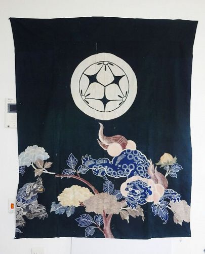 Japanese Antique Textile Tsutsugaki Futonji with Lion and Peony Motif