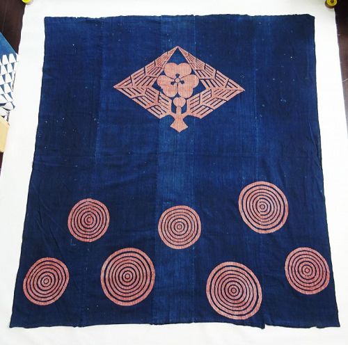 Japanese Antique Textile Indigo Futonji with Rare Katazome