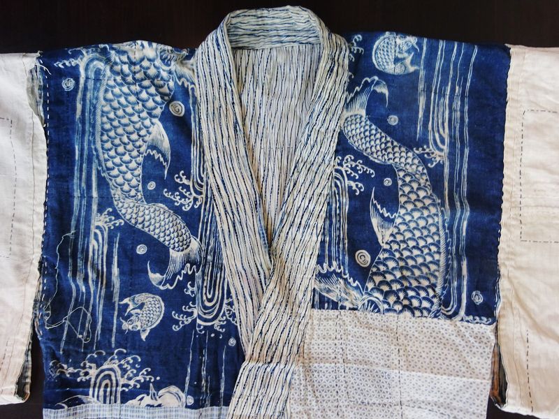 Japanese Antique Textile Cotton Kimono with Suji-Shibori Indigo