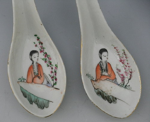 Pair Famille Rose Chinese Porcelain Spoons, Marked