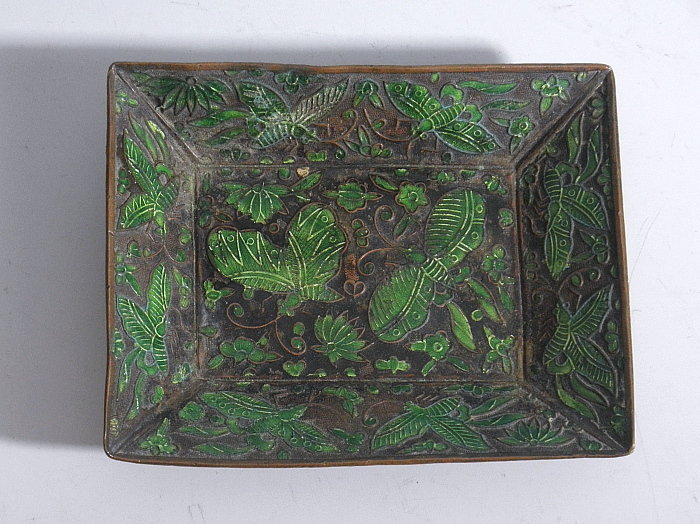 Chinese Bronze and Green Enamel Cigarette, Match Box Tray