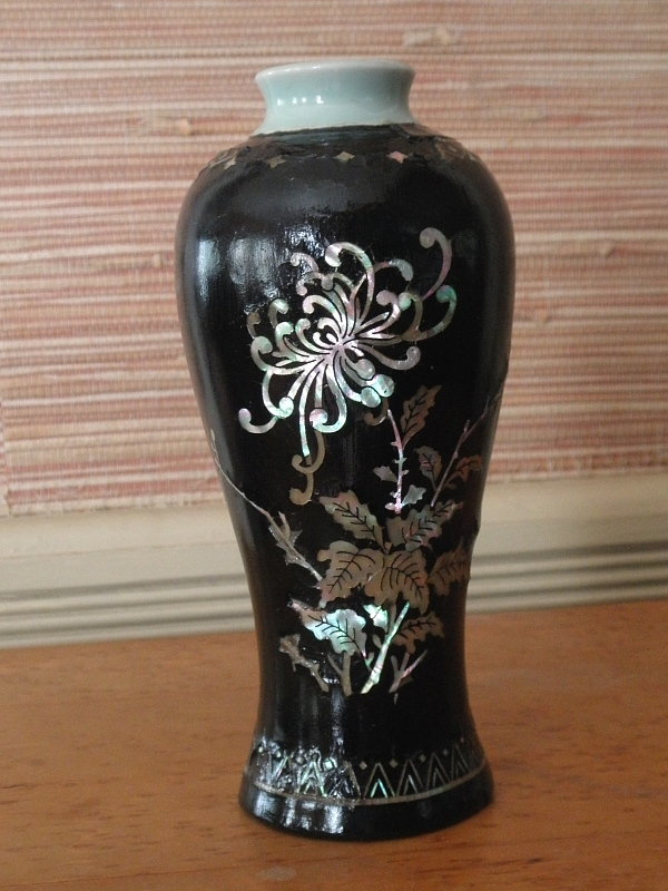 Korean Black Lacquer and MOP Over Celadon Porcelain Vase