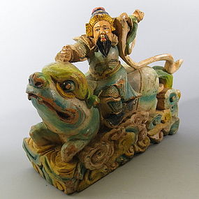 Chinese Wood Warrior Riding Mythical Beast, 19th C