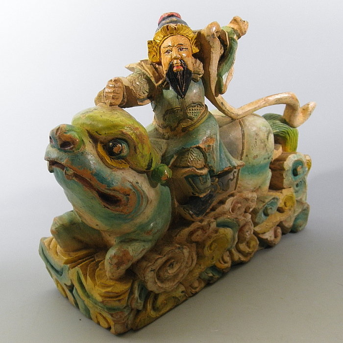 Chinese Wood Warrior Riding Mythical Beast, 19th C