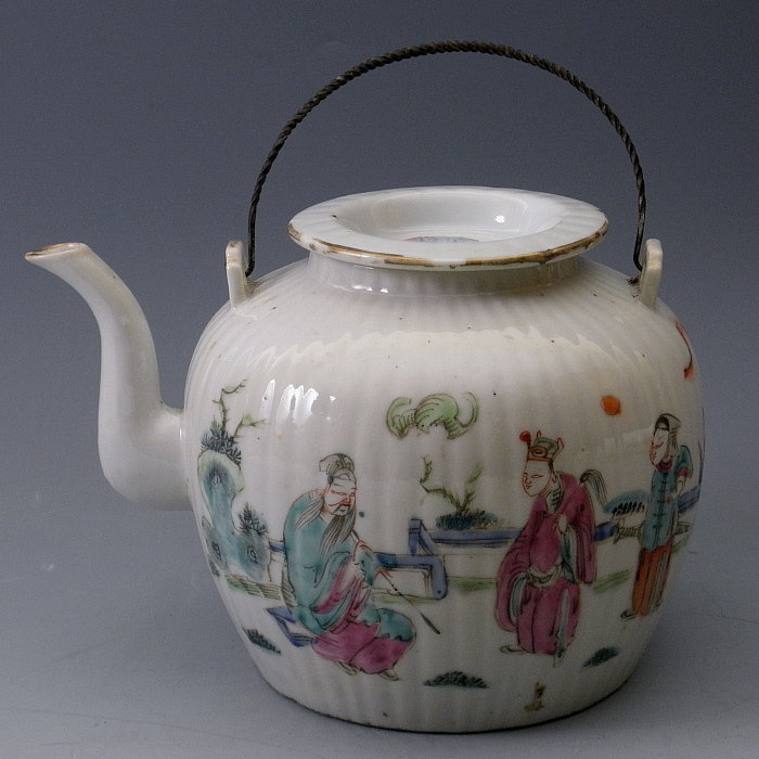 Chinese Ribbed Porcelain Famille Rose Teapot
