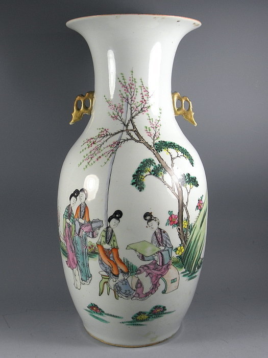 Tall Chinese Porcelain Famille Rose Vase Garden