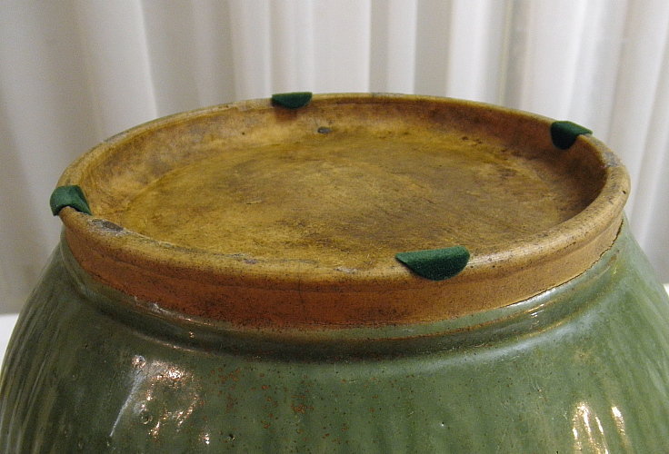 Chinese Ribbed Celadon Green Stoneware Jar Pot