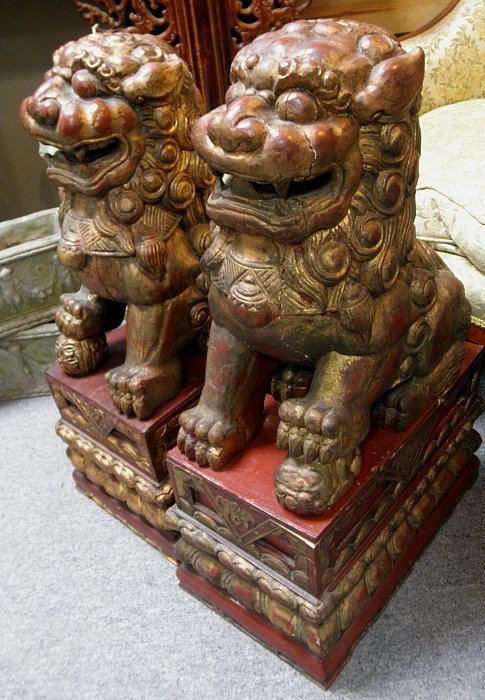 Red Pair Chinese Wood Fu Lions Foo Dog Statue Carving, 19th C
