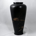 Japanese Black Lacquer Vase with Gold Crickets