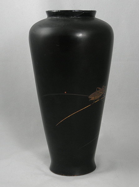 Japanese Black Lacquer Vase with Gold Crickets