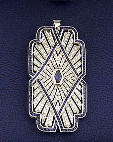 18K Art Deco White Gold Sapphire Diamond Pendant