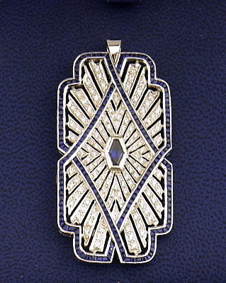 18K Art Deco White Gold Sapphire Diamond Pendant