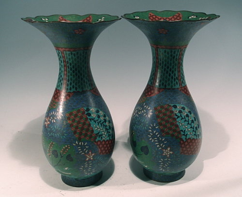 Rare Pair Tall Japanese Cloisonne Vases, Late Edo