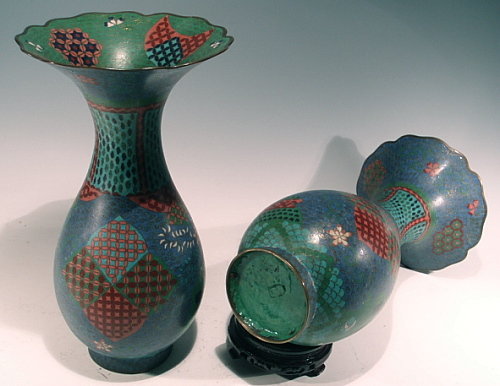 Rare Pair Tall Japanese Cloisonne Vases, Late Edo