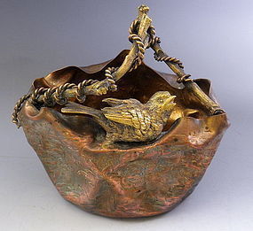 Aesthetic Mixed Metal Bird on Basket, Copper Bronze Silver