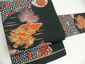 Japanese Woven Silk Nagoya Obi Shi-Shi Lion Dog
