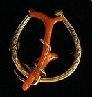 Victorian Gold Horseshoe Pin with Red Branch Coral